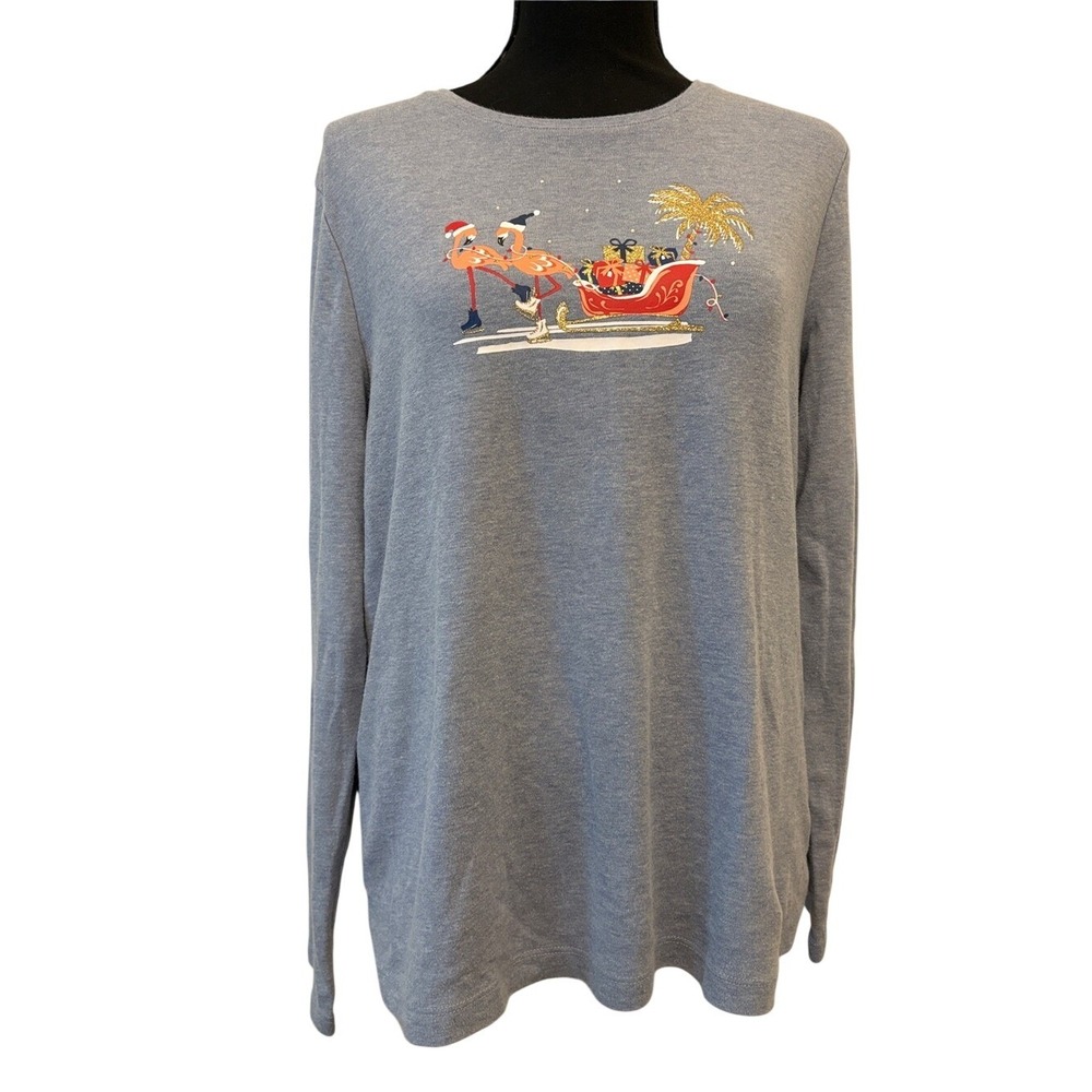 croft & barrow Light Blue Crewneck Top  Festive Flamingo Sleigh Graphic Size M